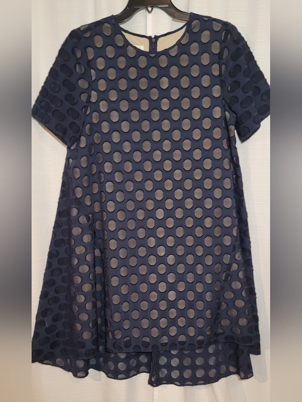 Donna Morgan Sheer Lined Navy Polka Dots High-Low Dress sz 8